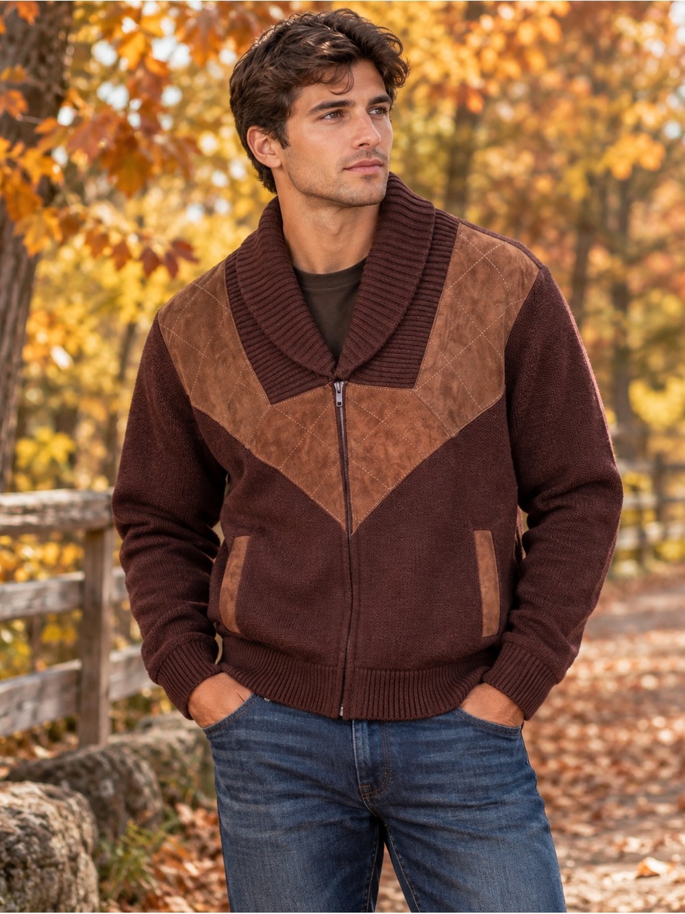 Vintage Suede Mix Collard Cardigan